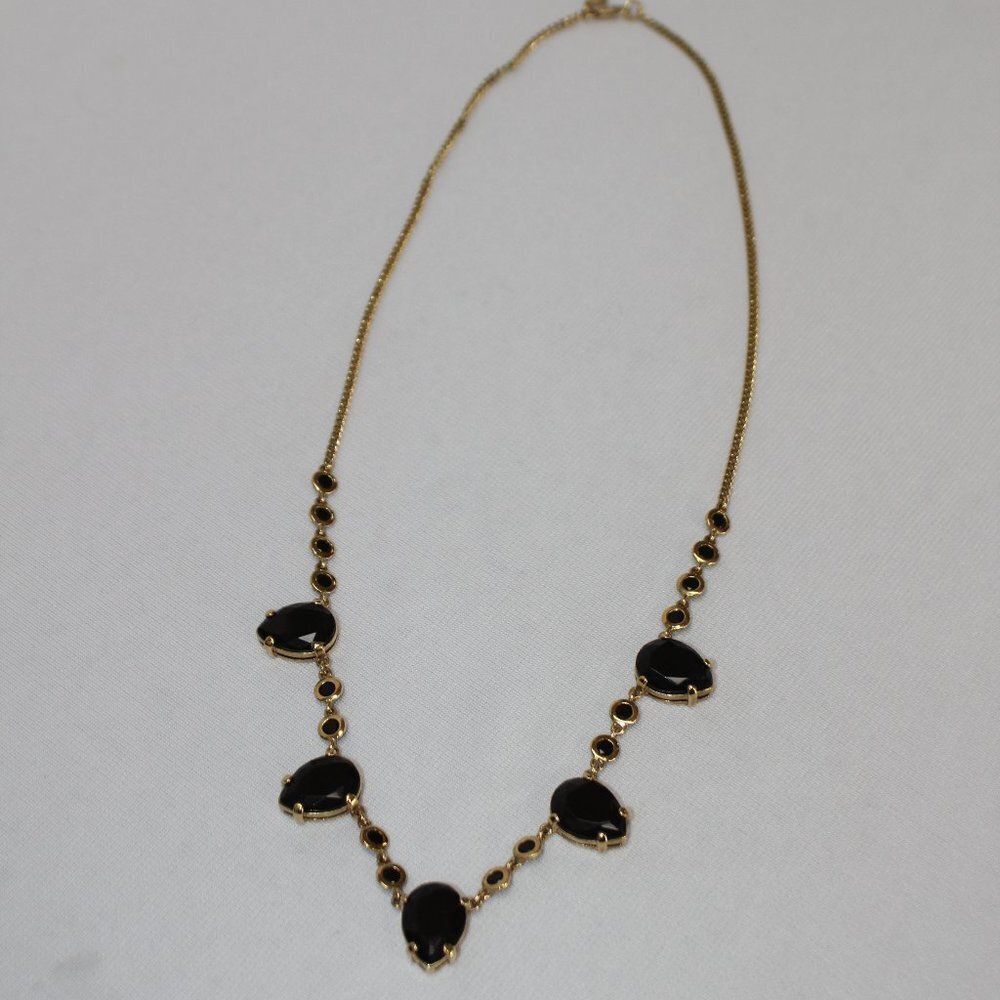 J.CREW BLACK FAUX ONYX JEWELED TEARDROP NECKLACE 25.5" LONG GOLD FINISH